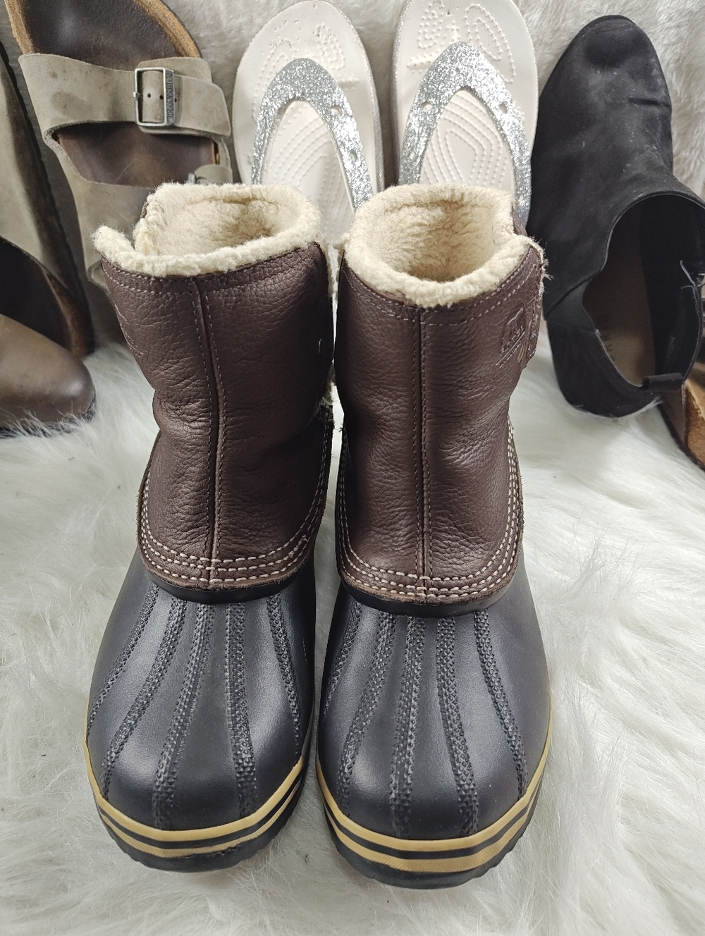 Sorel Slimboot Black/brown Pull On Leather Rubber Ankle Boots women's Size 7.5